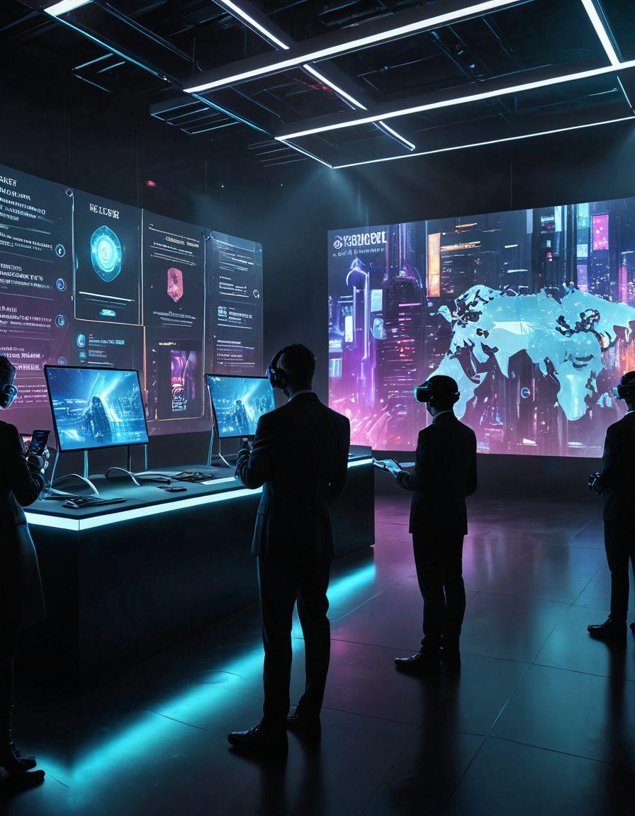 A bustling virtual auction room with a 3D holographic property being showcased on a futuristic screen. People in smart attire leaning forward in concentration, some on tablets, others with VR headsets, actively participating. A digital gavel in mid-air about to strike, signifying a bid closed. Modern, dynamic interface with glowing indicators and ambient digital effects. cyberpunk. super-realistic. vibrant colors. 3D.